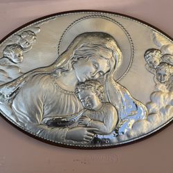 Silver Wall Plaque Wood /Blessed Mother And child … Madonna N Bambino 