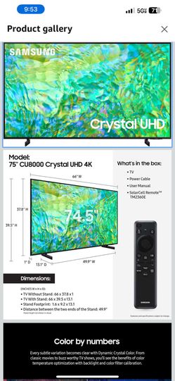 SAMSUNG 75-Inch Class Crystal UHD 4K CU8000 Series PurColor, Object Tracking Sound Lite, Q-Symphony, Motion Xcelerator, Ultra Slim, Solar Remote, Smar