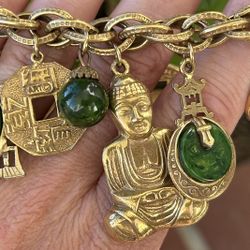 Vintage Signed ART Gold Tone Green Lucite Asian Chunky Charms Bracelet Bakelite Jewelry Signed Rare Collectible Asian Collectible Retro 