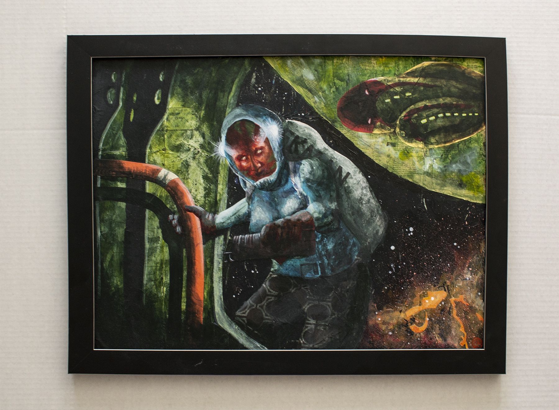 "The Salvager" - FRAMED mixed media - paint and paper - Sci-fi Student Painting