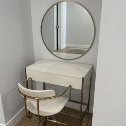 Modern White Vanity Desk w/ Chair & Gold Round Mirror – 3 Piece Set