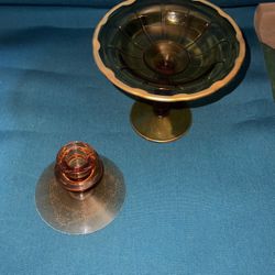 Modern Candy Dish Amber Glass Stemmed  Pedestal Candleholder 