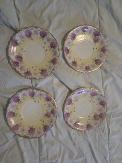  antique Nippon porcelain saucers, hand-painted with purple violet flowers and gold fluted edges. 