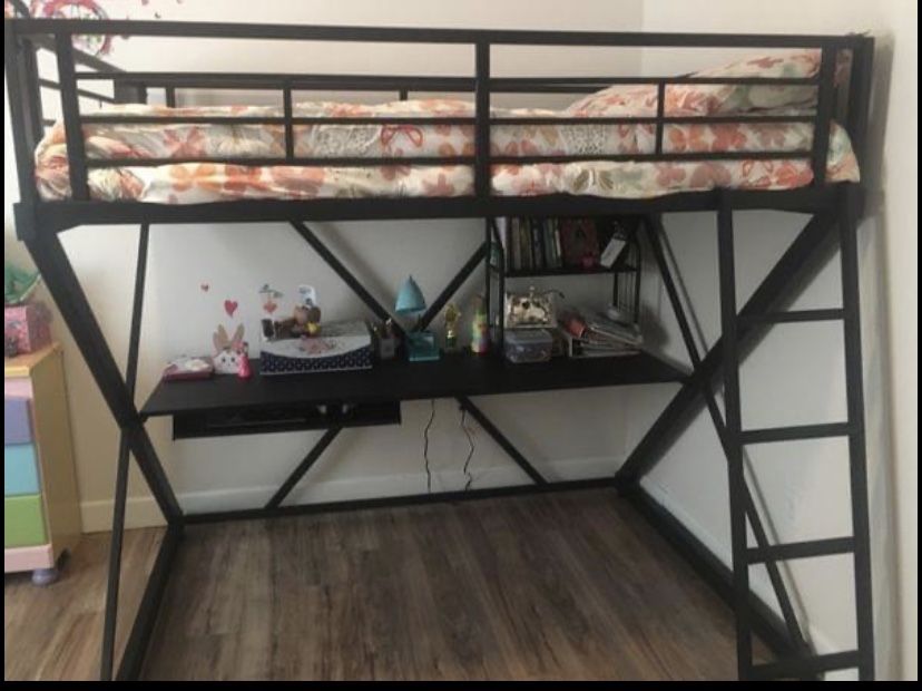 Loft bed with full size bunk, desk, shelf,and ladder