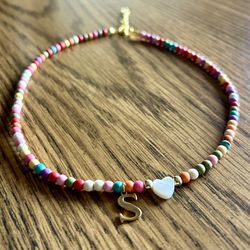 Colorful Beaded Necklace Adjustable with White Heart and Personalized Initial Gold S Charm 