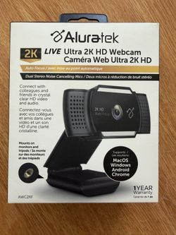 Aluratek Ultra 2K HD Webcam, Dual Noise Cancelling mics