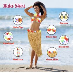 Hawaiian 8 pcs  costume Kit with grass Hula skirt 