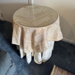 Set of 2 Round 19.5" Diameter Glass-Top End Tables w/White Skirts – Excellent Condition