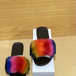 Bamboo Women’s Flat Slides FULL MOON Multicolor Fur Straps Sz 7 No Heels “NEW”