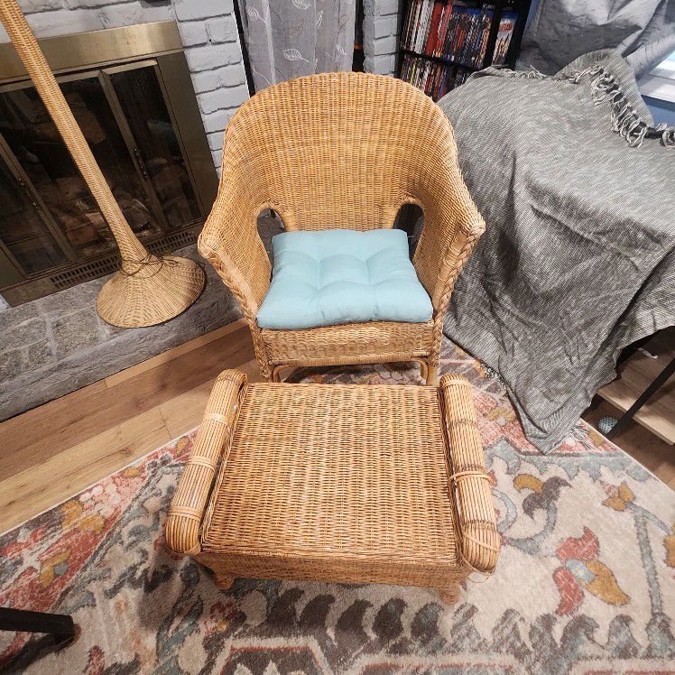 Vintage Wicker/Rattan Chair With Rare Footstool/Ottoman