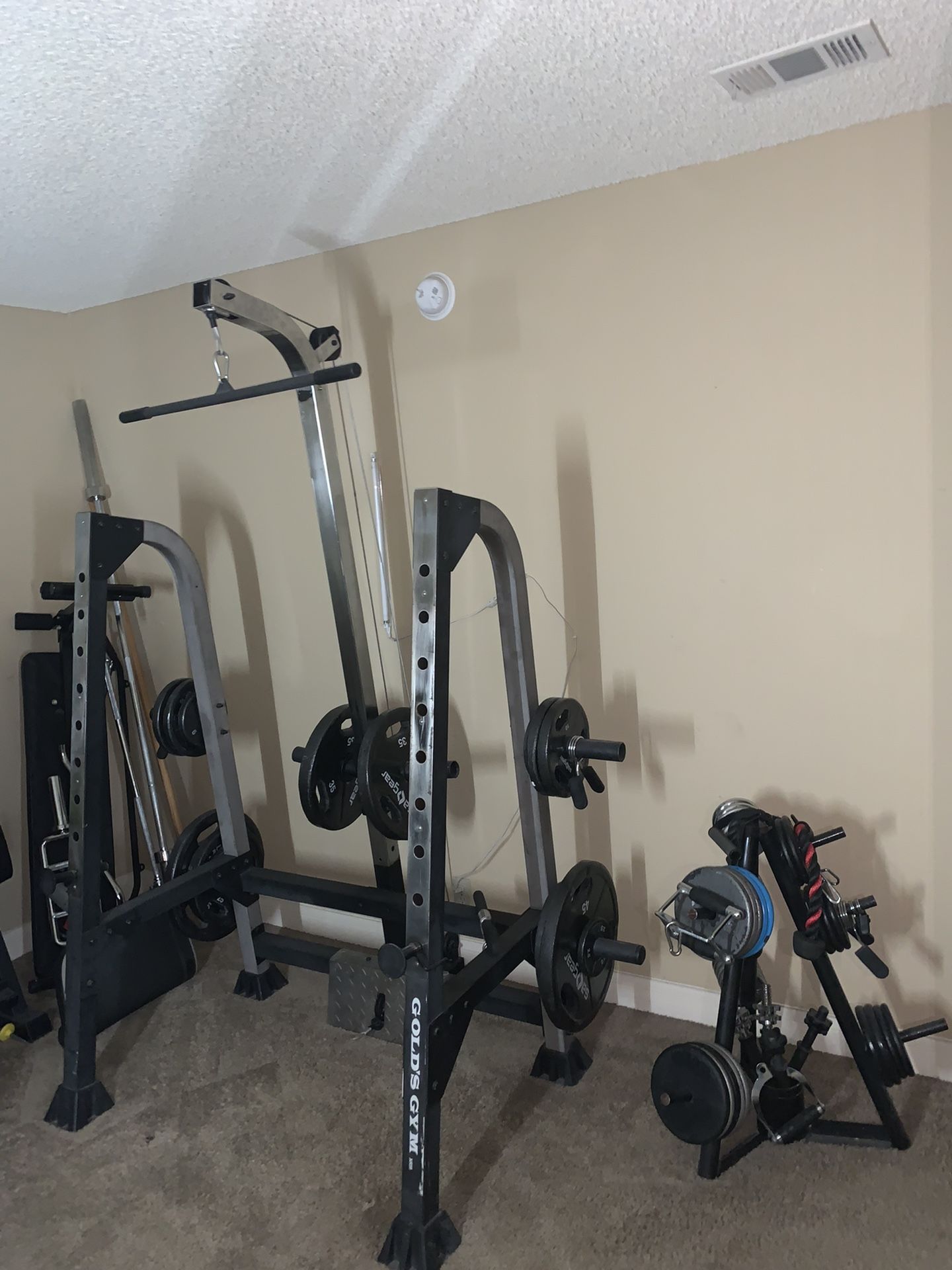 Barbells, weights, bench press, multipurpose rack