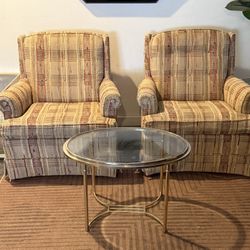 2 Vintage Mid Century Ethan Allen Traditional Classics Tweed Plaid Skirted Tufted Armchairs