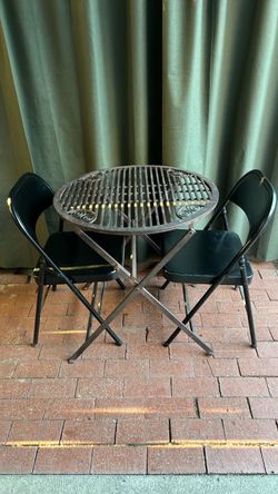 Round Cast Iron Bistro Table with Two Folding Chairs
