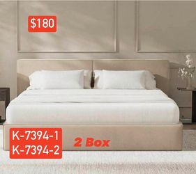(K-7394-1) RECCI Platform Bed Frame with Plush Upholstered Headboard, Noise-Free Stability, Wood Slats (Beige, King(2 box)