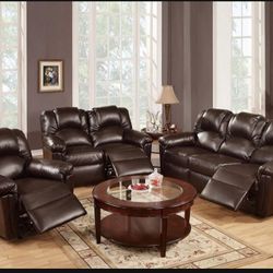 Brand New Brown Leather 3pc Reclining Sofa Set 