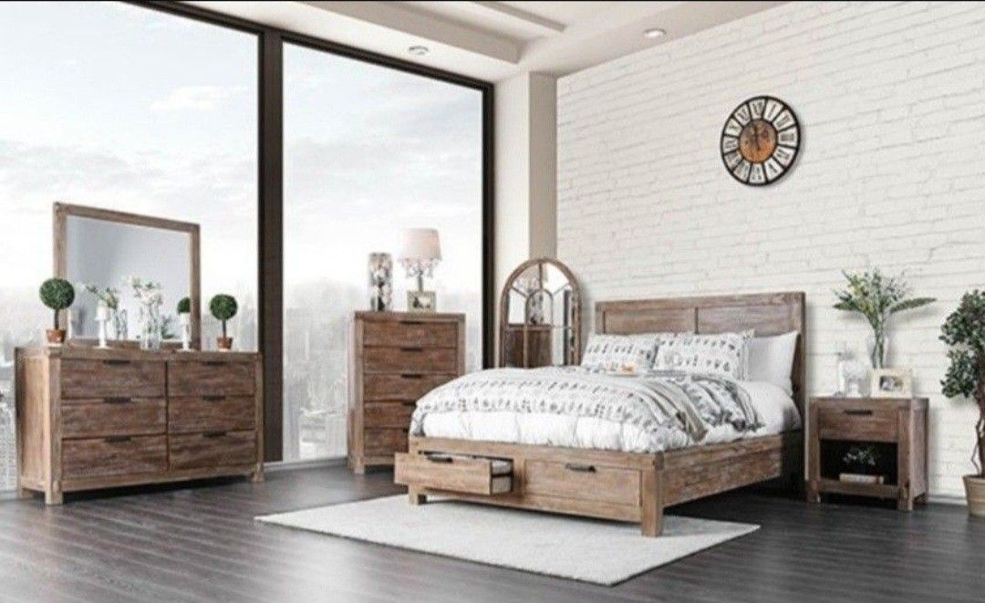 Brand New Rustic Weathered Light Oak 4pc Queen Size Bedroom Set