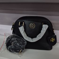 Tory Burch Black Pebbled Leather Satchel Gold Hardware Logo Detachable Strap