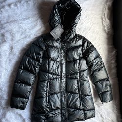 MSRP $180 Bernardo Hooded Puffer Jacket Water Resistant Black Womens Size Small