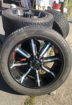 22”. 8 lugnuts. 4 Tires and Wheels our of 2005 GMC Duramax Diesel truck ask him for $1000