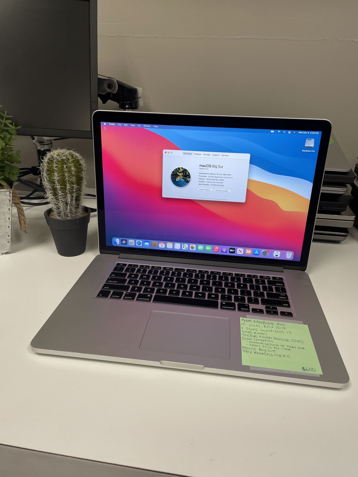 Apple 15” 2014 MacBook Pro 2.5ghz Quad Core i7 16gb RAM 500gb Flash 2GB Dedicated NVIDIA GeForce GT 750M macOS BIG SUR