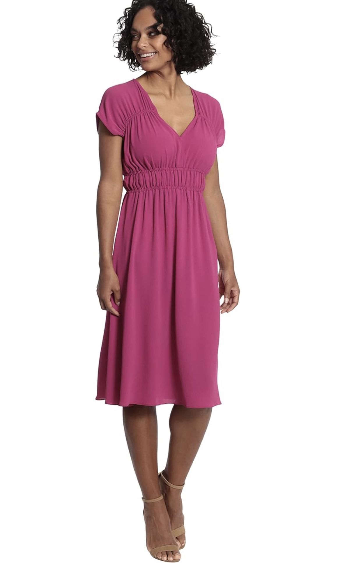 Fuchsia V-neck Dress With Ruching at Shoulders & Waist.