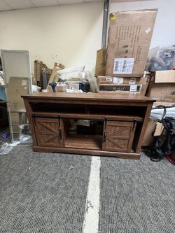 60" Farmhouse TV Stand with Sliding Barn Doors - Rustic Brown, New