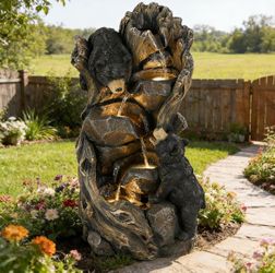 23" H 5-Tier Outdoor Water Fountain, Realistic Black Bears Climbing Tree Waterfall Fountains with 4 LED Lights & Adjustable Flow, Resin Garden Water F