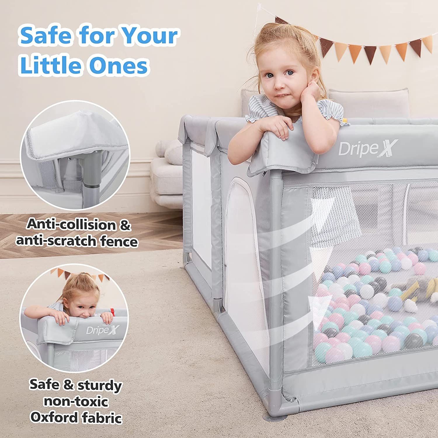 Dripex Baby Playpen, Large Baby Playards with Zipper Gates, Kids Play Pen, Safe No Gaps, See