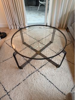 Designer Round Glass Coffee Table – Modern Sculptural Metal Base – 40”