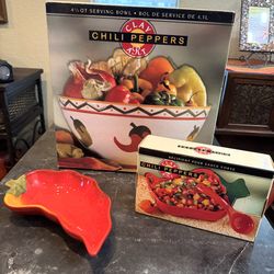 Vintage 1999 Clay Art Ceramic Chili Peppers Dishware 3pc Set