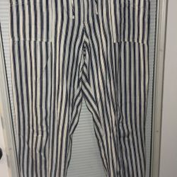 American Eagle Railroad Striped Relaxed Canvas Surplus High Rise Taper pants in blue and white