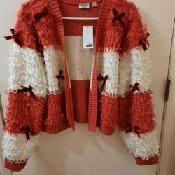 Women's striped Holiday red and white bow Cardigan Sweater red size XS