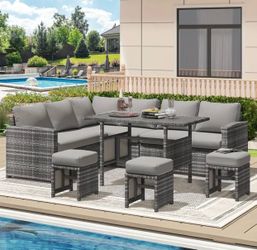 Brand new gray patio set outdoor furniture patio sectional with dining table and ottomans