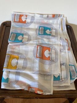 Scarf with typewriter print - white with bright blue, orange and yellow design - NEW WITH TAGS (NWT)