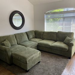 Green Corduroy Sectional Couch W Ottoman