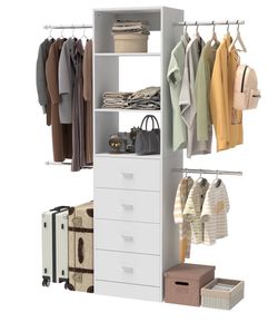 3-5Ft Walk-In Closet System with 4 Drawers & Adjustable Hanging Rods - White