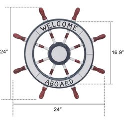 Wall Decoration Wooden Nautical Ship Steering Wheel With Welcome Aboard Word, 24-inch and Anchors Hook