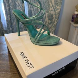 Nine West Lexy3 Sparkly Teal Sandal Heels Size 8.5