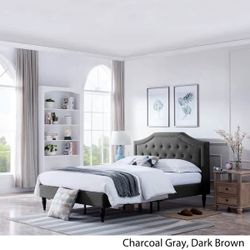 Brand new in original packaging, queen-size bed frame with gray upholstered headboard