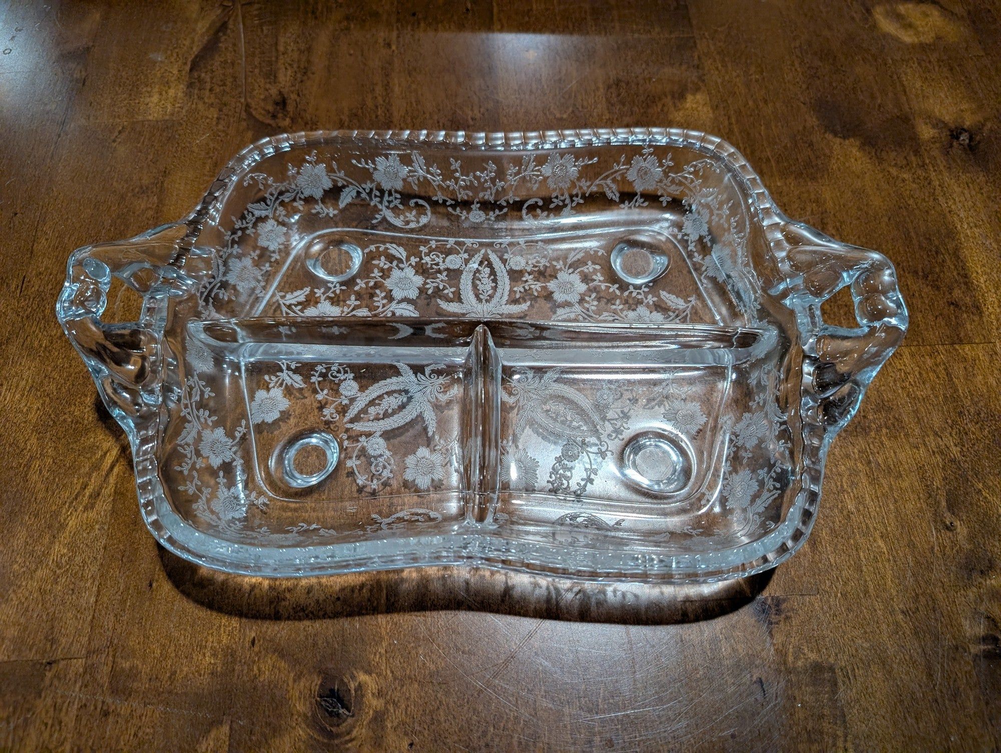 Vintage Etched Glass Divided Relish Tray with Handles