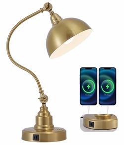 Gold Metal Adjustable LED Desk Lamp, E26 Dome Shade, USB & Type-C, 21.6in