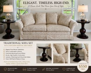 Elegant Sofa Set With 2 Matching Pedestal Side Tables
