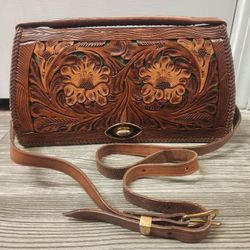 Vintage Hand Tooled Leather Crossbody Purse Floral Design/ Green Suade Lining