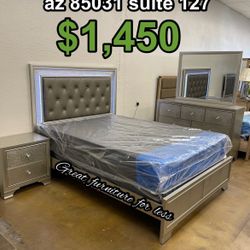 Queen Size Led Bedroom Set Color Champagne  Include Bed Frame Dresser Mirror Nightstand Pillow Top Mattress And Boxspring Brand New