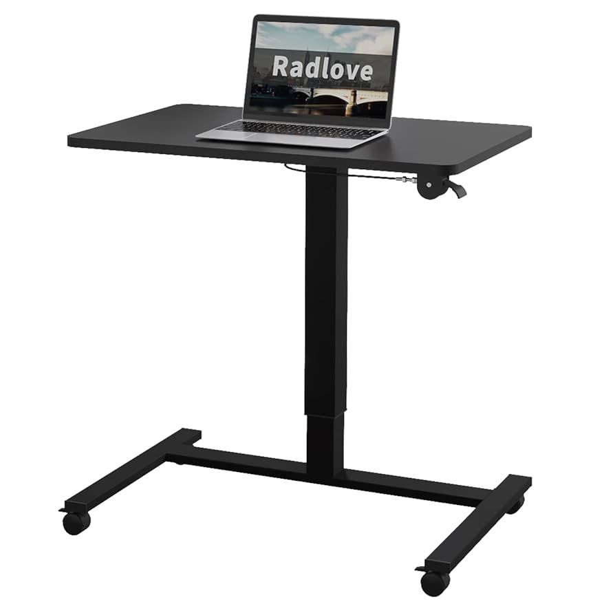 Mobile Standing Desk Height Adjustable Sit to Stand Table, 28 x 20'' Pneumatic Laptop Desk with Gas Spring Riser, Overbed Table with Lockable Wheels f