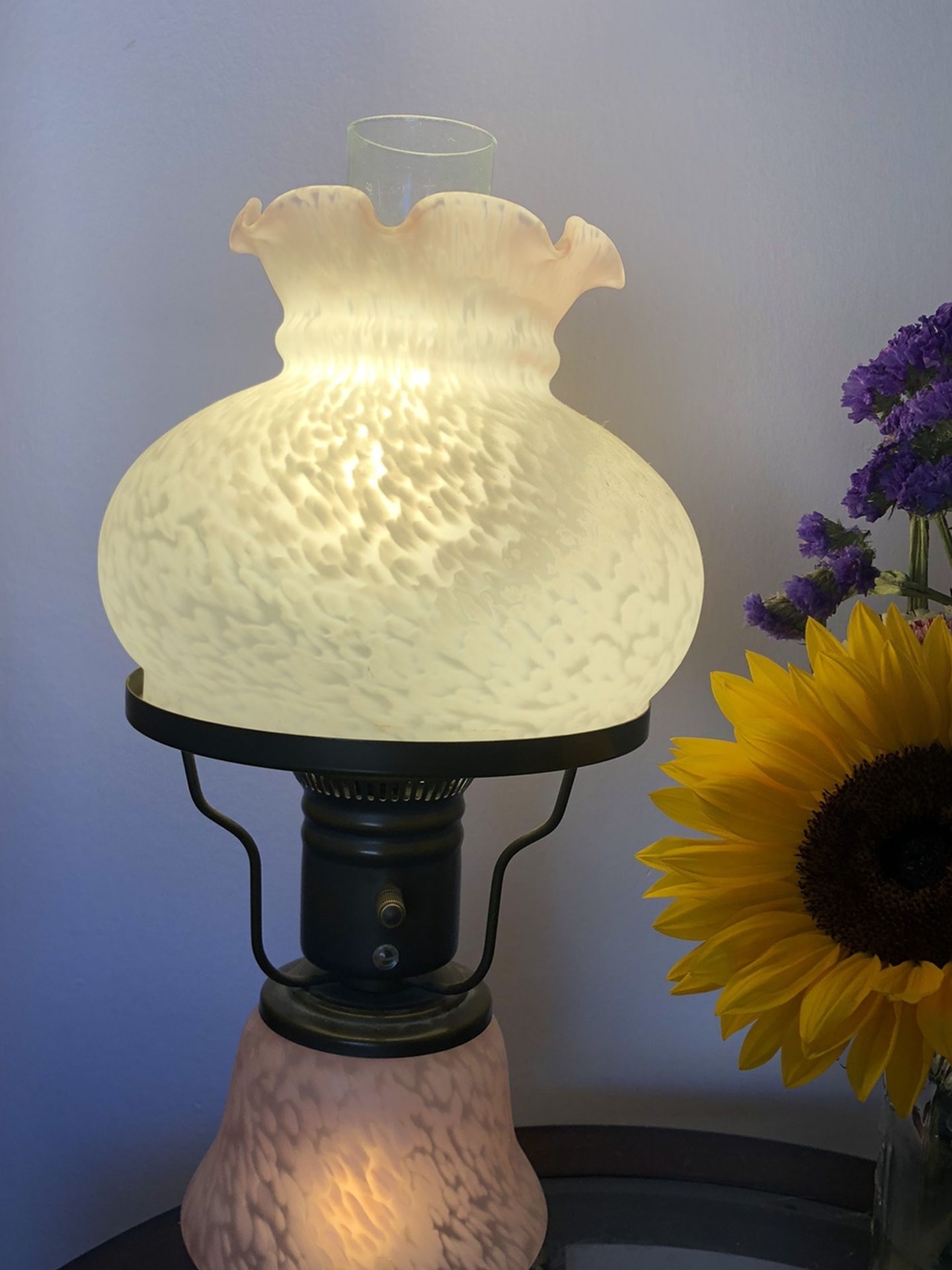 Vintage Hurricane Lamp With White And Pink Milk Glass