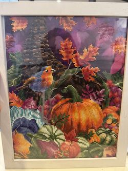 🍂 Handmade Autumn Diamond Art – Framed Sparkling Wall Art with Pumpkins & Bird
