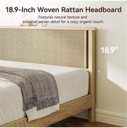 Full Wood Bed Frame, Rattan Headboard Full Platform Bed Frame