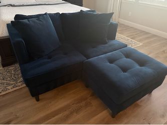 Beautiful Velvet Blue Loveseat With Ottoman