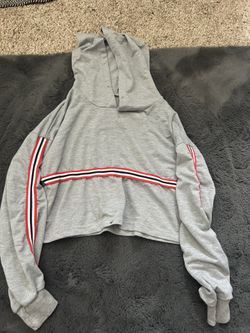 Grey cropped hoodie with red and white stripes